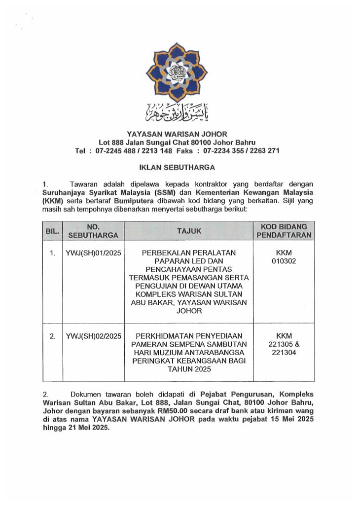 Yayasan Warisan Johor | Tender Offer