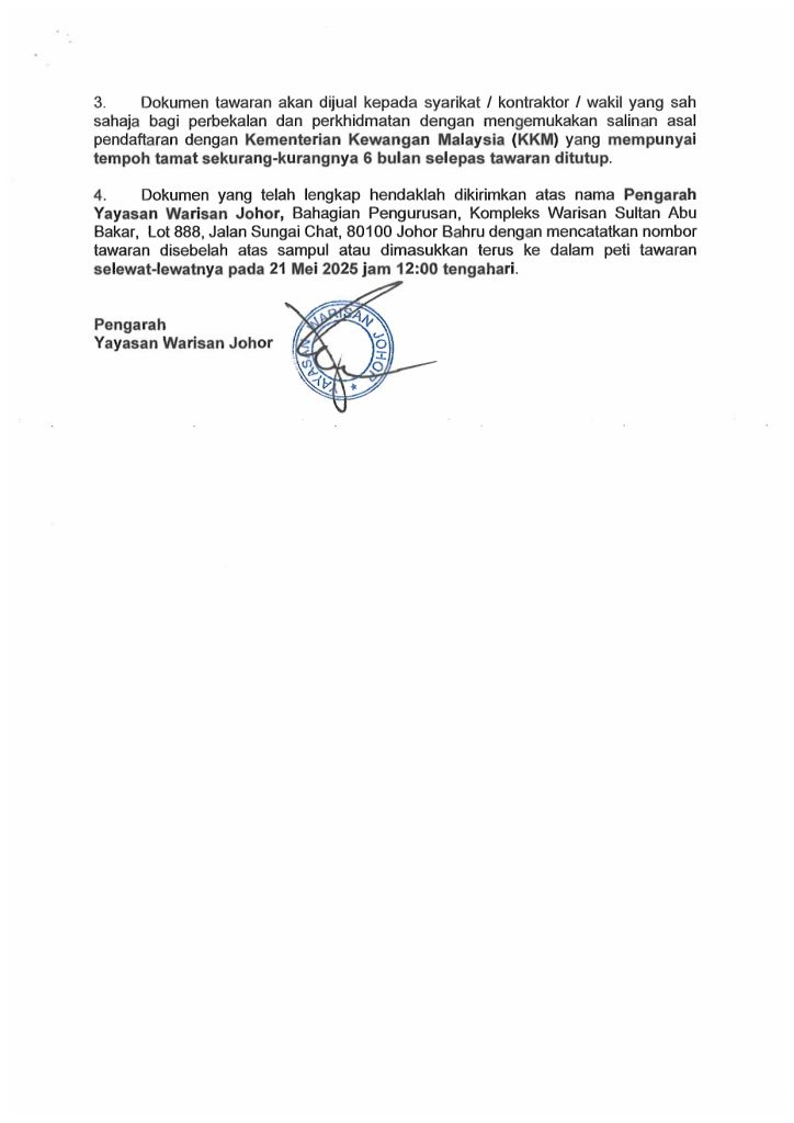 Yayasan Warisan Johor | Tender Offer
